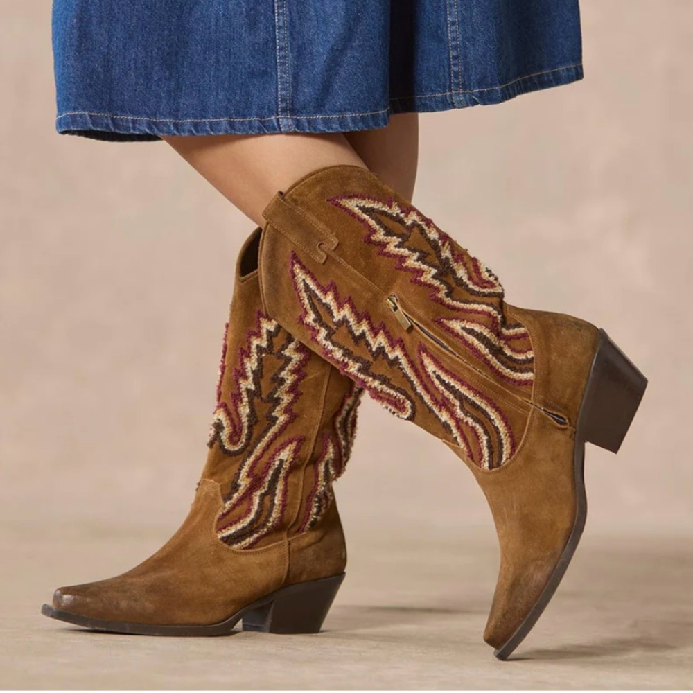 Sundance Brown Suede Western Combat Boots with Maroon & Cream Stitching